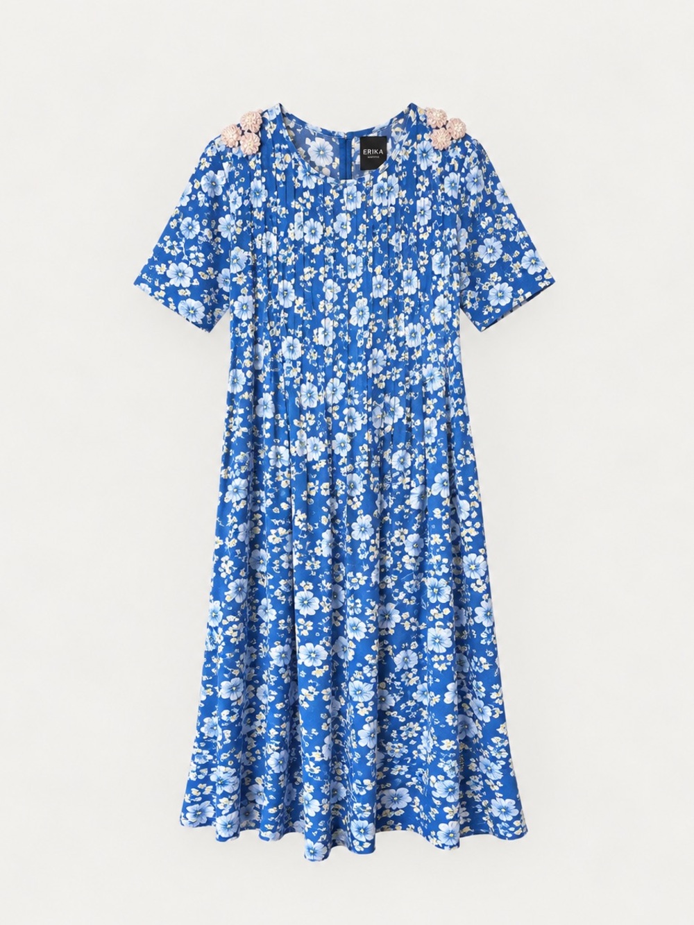 Erika Blue Floral Pleated Casual Dress